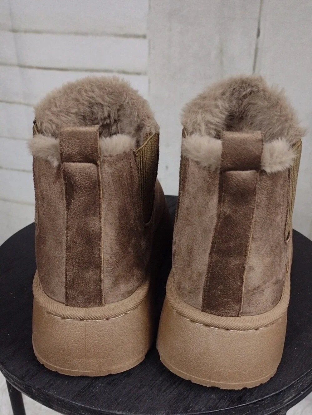 Chunky Faux Suede Fleece-Lined Chelsea Booties — Taupe